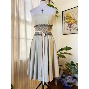 Vintage Vittorio Sari-Sari Strapless Prom Dress Tan Coquette Lace Ribbon Sz M